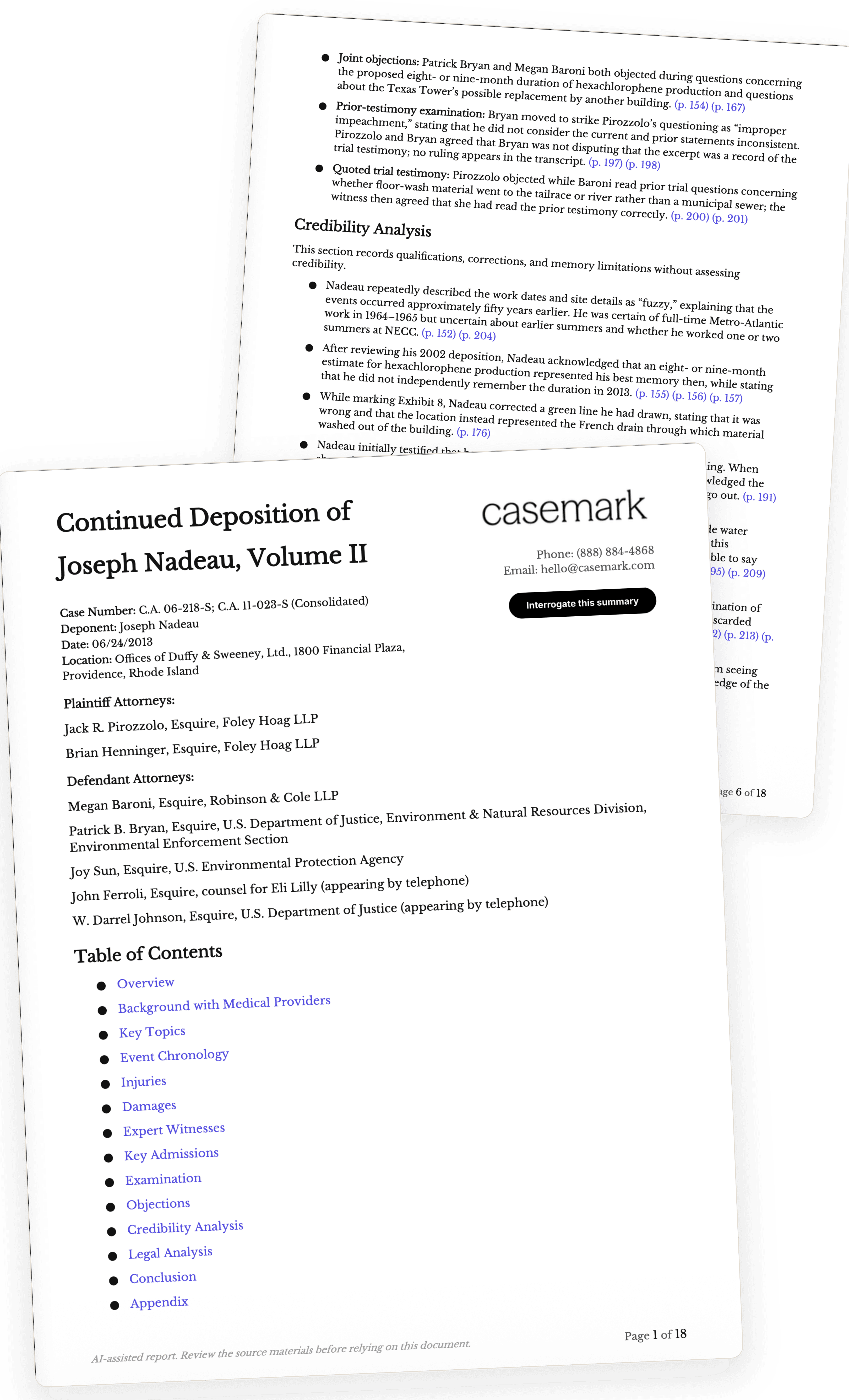 A deposition analysis summary cover page with its table of contents, beside the credibility analysis section with page citations