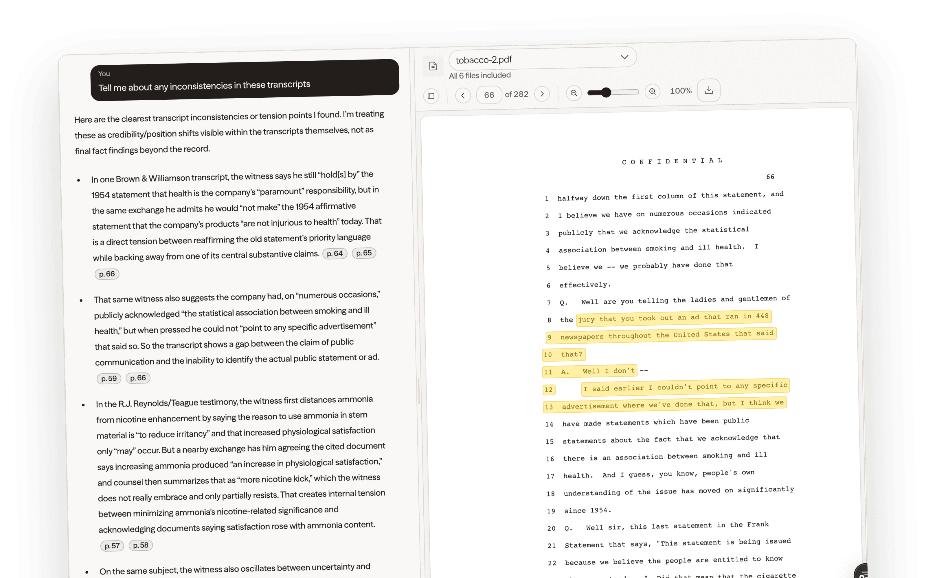 An Interrogate answer about transcript inconsistencies beside the transcript page with the cited lines highlighted