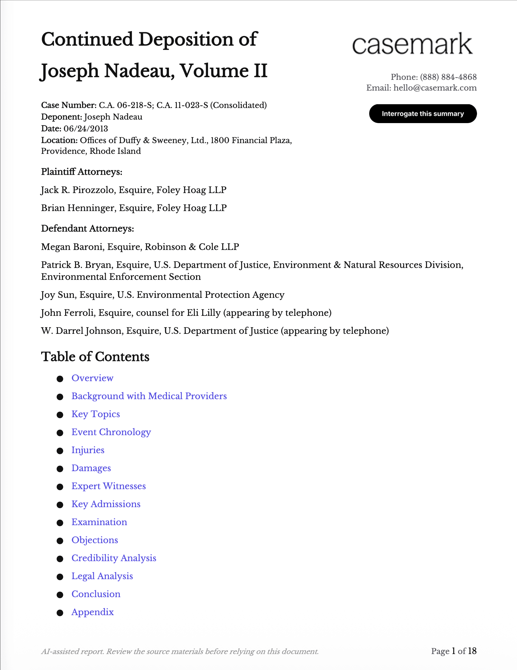 First page of a deposition analysis summary